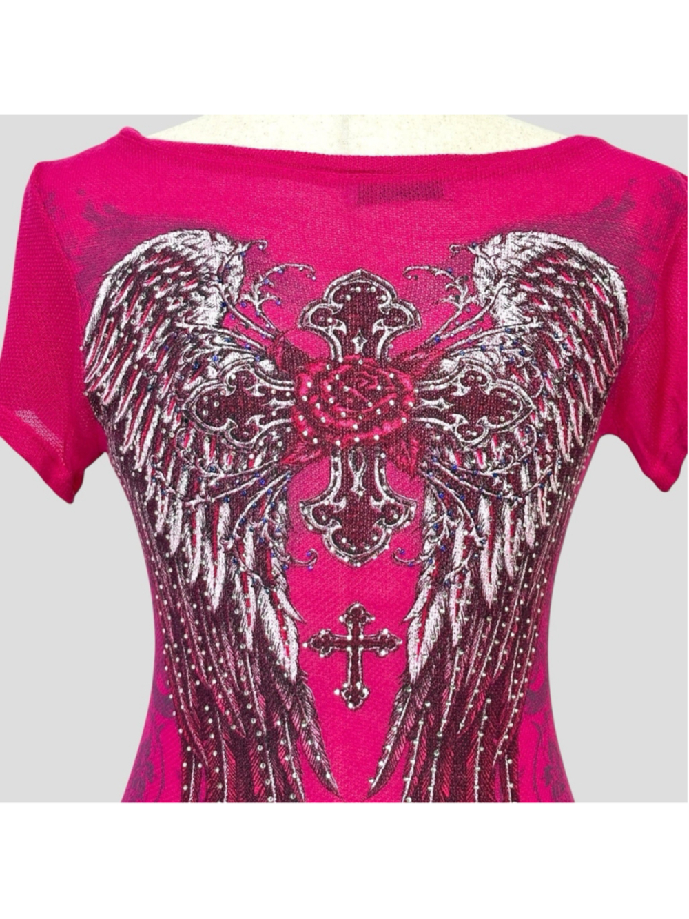 Rhinestone Angel Wings Rose Cross Top S Cyber Y2K Mall Goth From LA By Bus Stop - Picture 16 of 16